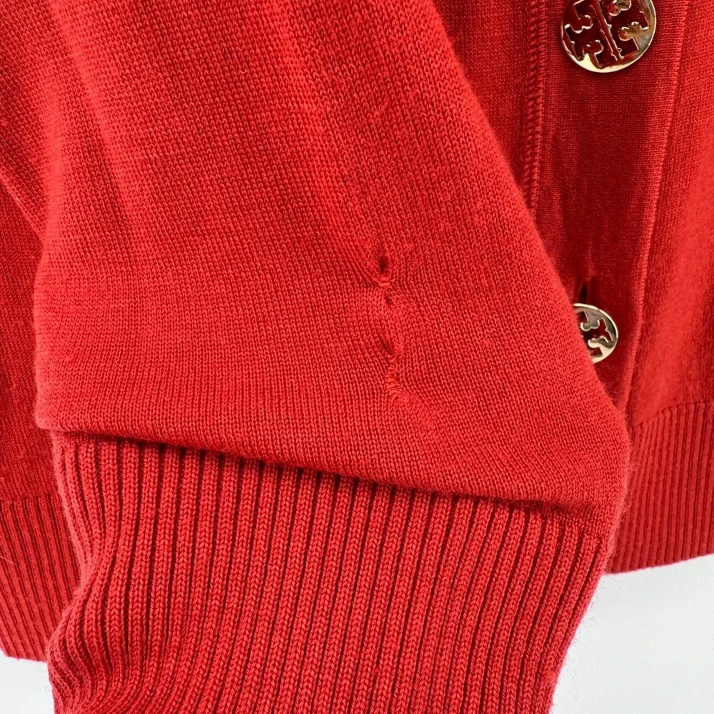 Tory Burch Simone Cardigan Womens XL Orange Merino Wool V-Neck Logo Button *READ